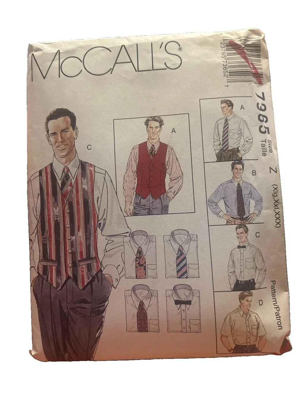 McCall Pattern 2447 Men's Dress Shirt, Lined Vest, Tie, & Bow Tie S-M-L UNCUT